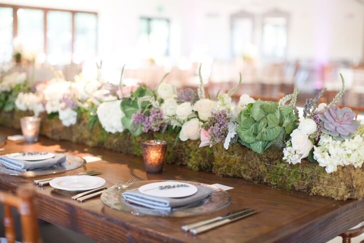 The centerpieces fused both the Irish and Arizona landscapes, with elements like succulents, cabbage, lilac, roses and veronica displayed in moss-covered vases along the head table. “We also had sprigs of lavender on top of the menus and in our spiked lavender lemonade signature drink,” says Kathleen.