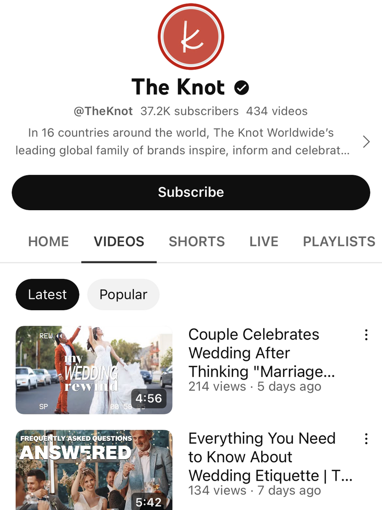 The Knot's YouTube channel, resource for wedding planning. 