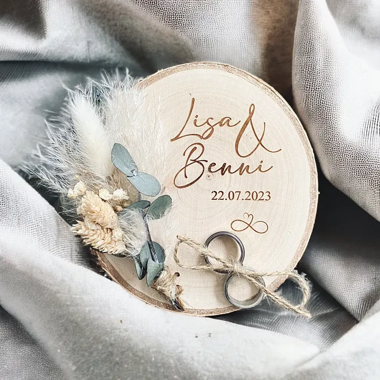 Personalized wood wedding ring holder with dried flowers and eucalyptus