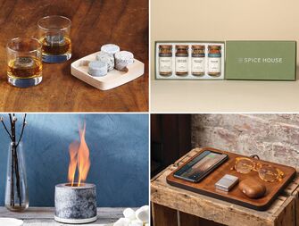 Collage of four gift ideas for father-in-law: whiskey set, spice set, charging tray, mini fire pit 