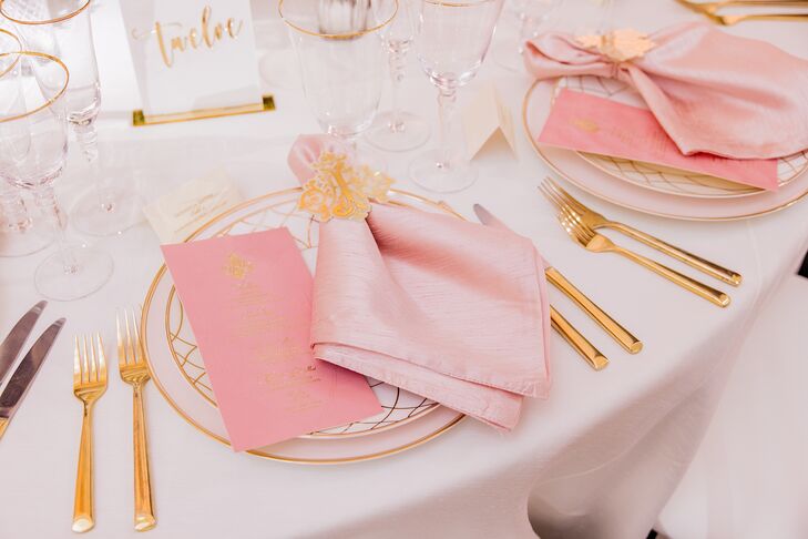 Reception Place Setting With Pink Napkins and Menus With Gold Details