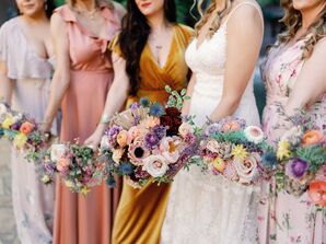 Bride and Bridesmaids in Different Color Dresses With Tie-Dye Bouquets