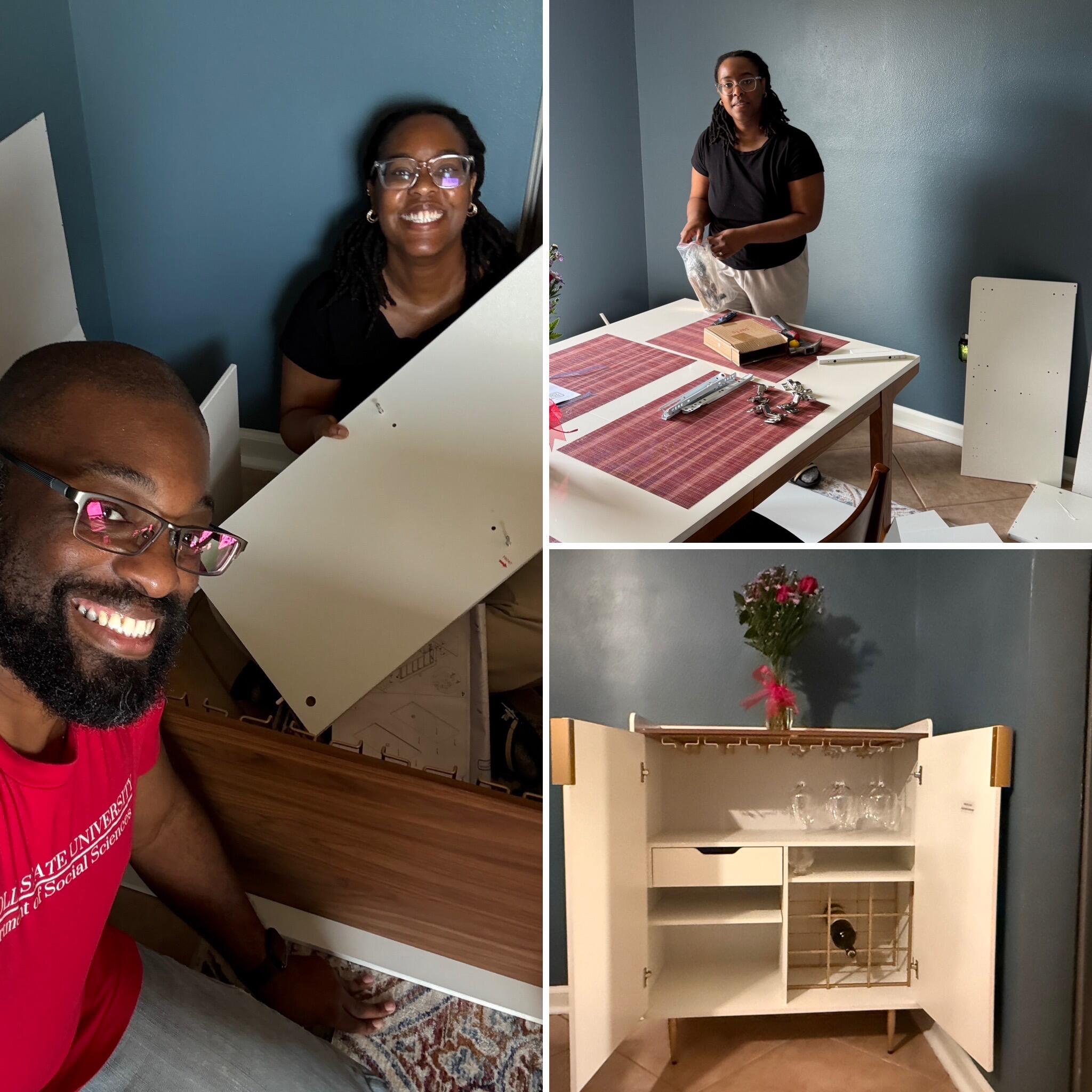 A few days ago, the couple received their first physical wedding gift from the their registry. Eager to set up the wine bar, they had a challenge but out of Brandon’s frustration, Destinee was determined to fix the issue. And they were successful and happy with the finished product. 