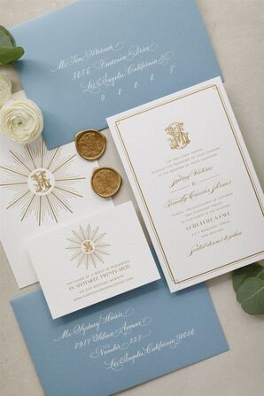 Elegant Gold-and-Blue Invitation Suite With Custom Gold Logo and Wax Seals