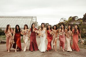 Bridesmaids in Shades of Pink and Red at Coastal California Wedding