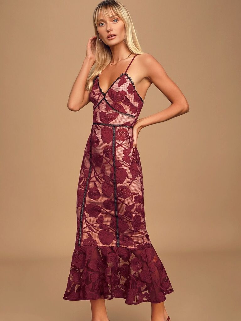 Burgundy wedding guest cocktail dress from Lulus