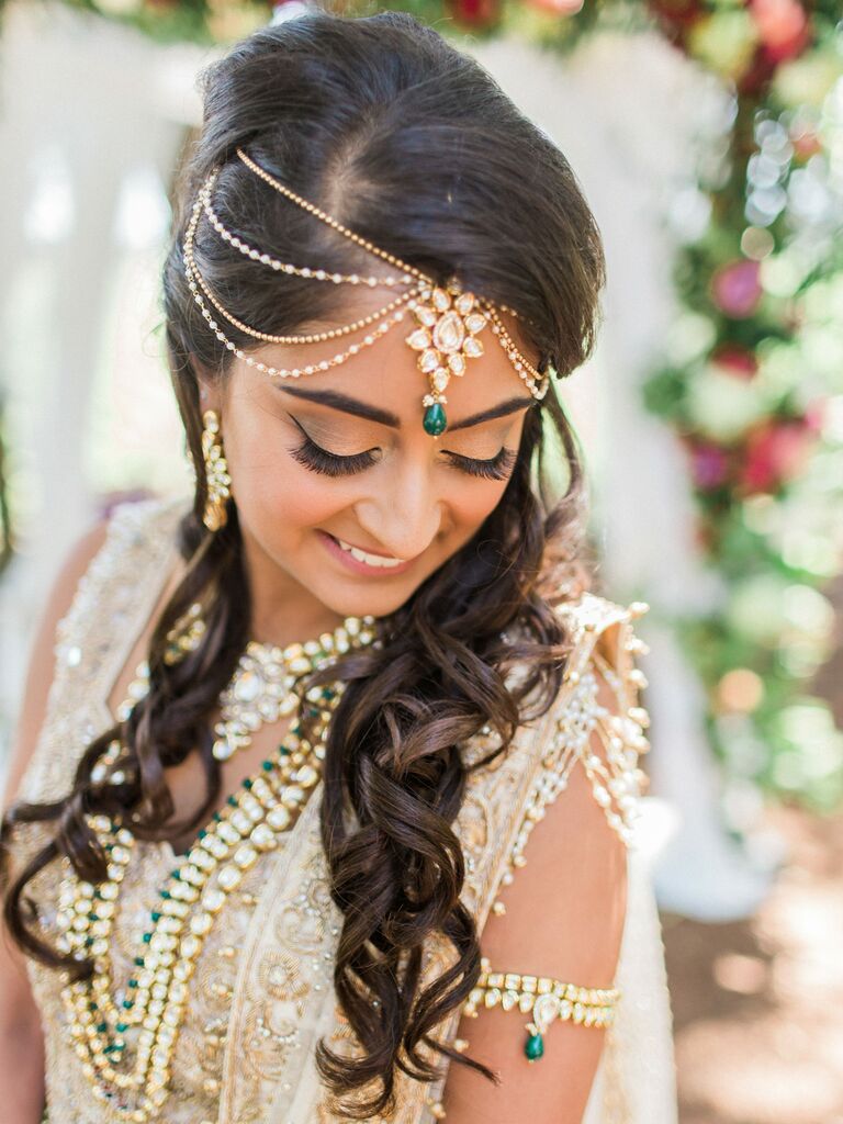 half up half down wedding hairstyle with beaded jewelry
