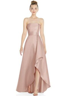 Dessy Group Strapless Satin Gown with Draped Front Slit and Pockets - D832 Bridesmaid Dress