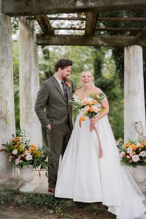 Bride and Groom at Flower-Filled Wedding