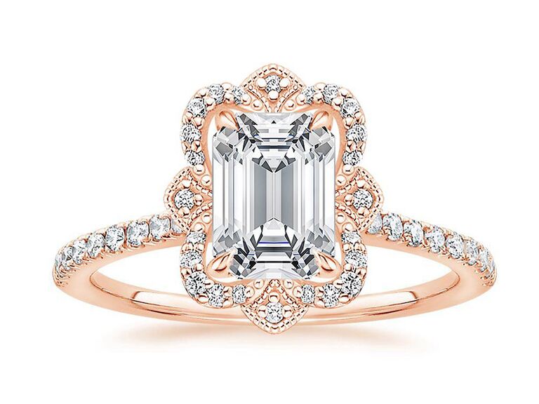 brilliant earth emerald cut diamond engagement ring with scalloped round diamond halo claw prongs and round diamond rose gold band