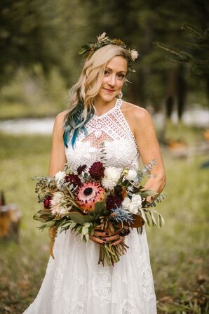 Rustic Bride with Flower Crown and Dahlia Bouquet
