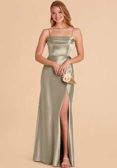 Birdy Grey Mia Shiny Satin Dress in Moss Green Off the Shoulder Bridesmaid Dress