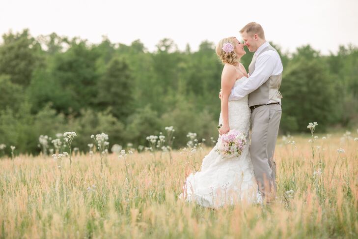 Before the ceremony, the couple took photos in the expansive golden fields surrounding the ranch.