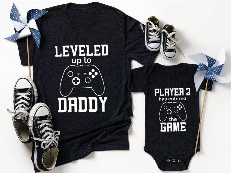 Leveled up to Daddy t-shirt gift idea for husband for Father's Day. 