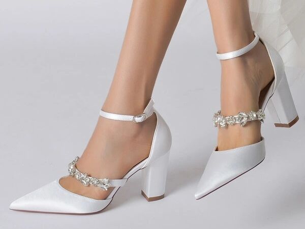  Women's Pearl White Wedding Shoes for Bride High Heels Pointed  Toe Bridal Shoes Satin Prom Party Dress Pumps Sandals | Pumps