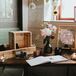 Wood Table with Guest Book and Romantic Decorations