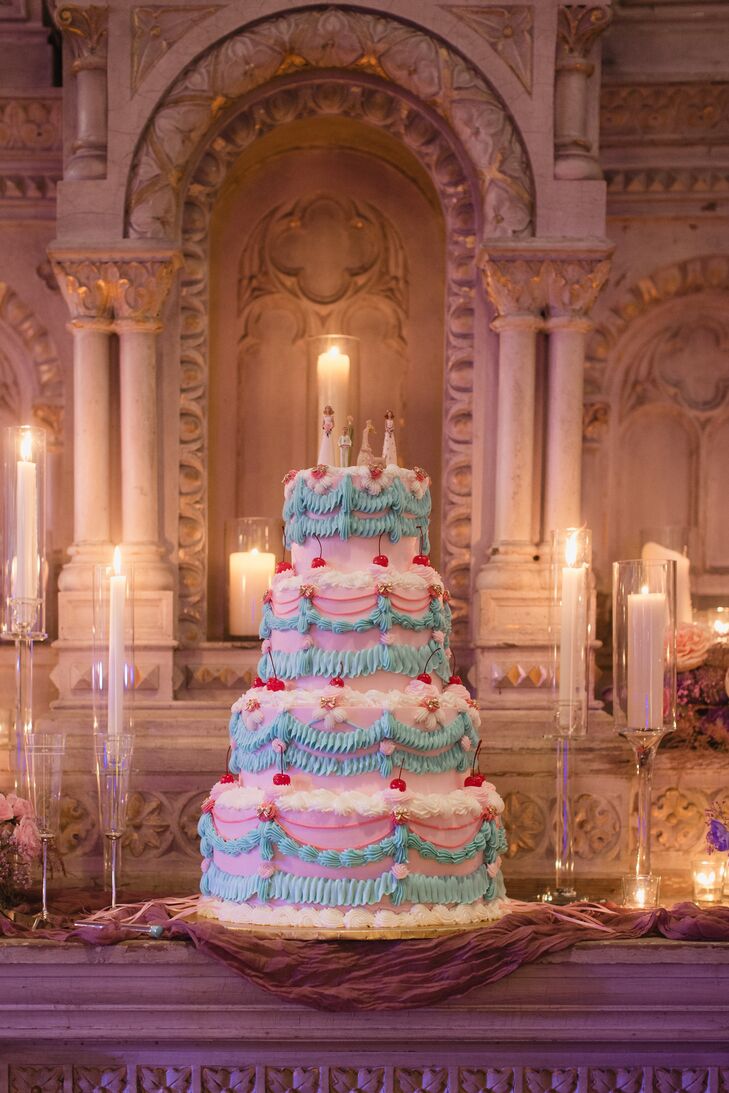 Whimsical Four-Tier, Pink-and-Blue Wedding Cake With Cherries