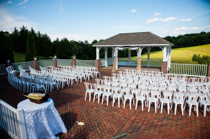 The ceremony took place outside on the patio at Morningside Inn in Frederick, Maryland, where white folding chairs arranged in rows faced the pavilion where Haley and Jeremiah got married.