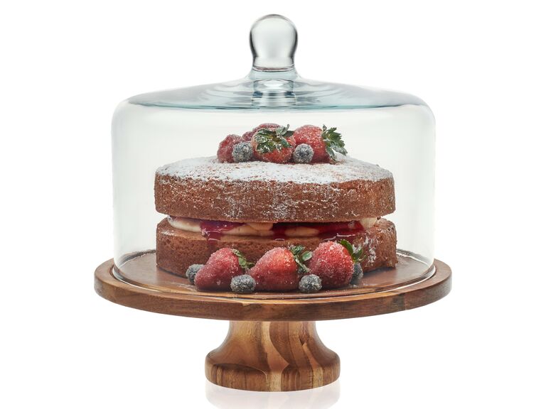 Modern wooden wedding cake stand with glass dome