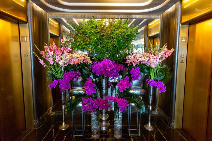 Purple Orchid and Pink Gladiolus Entryway Arrangements