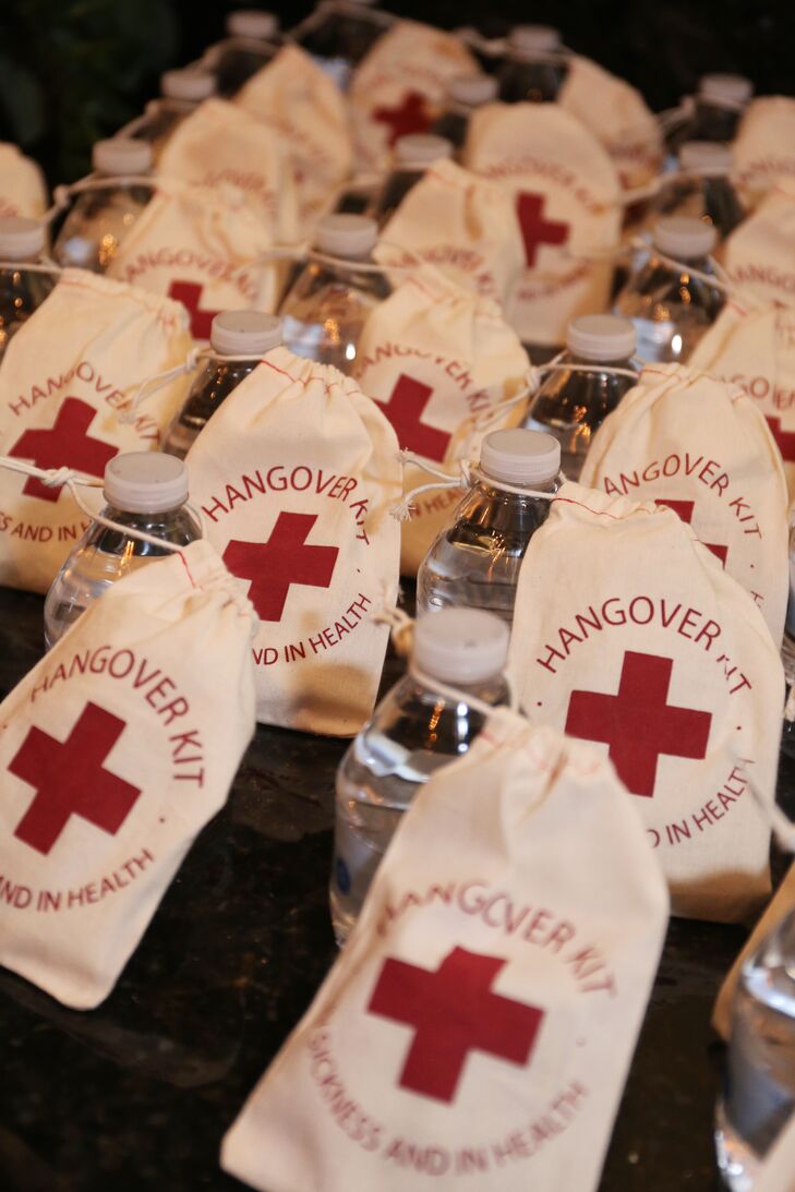 The brides gave friends and family members hangover kits as favors. “We knew some of them would be hurting in the morning,” Cassandra says of their celebration at Mission Inn Resort & Club in Howey-in-the-Hills, Florida.
