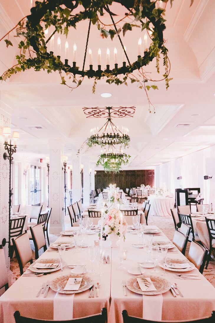 Pale pink uplighting, gilded trimmings, decorative dinnerware and flickering candles in Patricia’s favorite scent made the Terrace Ballroom at Rancho Valencia feel like a rose gold dream. Vines and ivy were draped across wrought iron chandeliers for an element of whimsy and lush bundles of hydrangeas and dahlias brought an air of freshness and life to the elegant space.