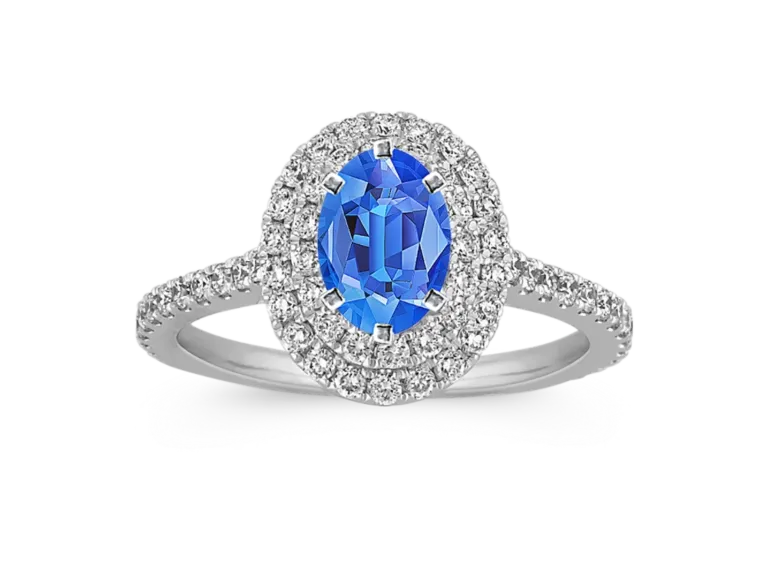 oval-shaped sapphire center stone double halo engagement ring