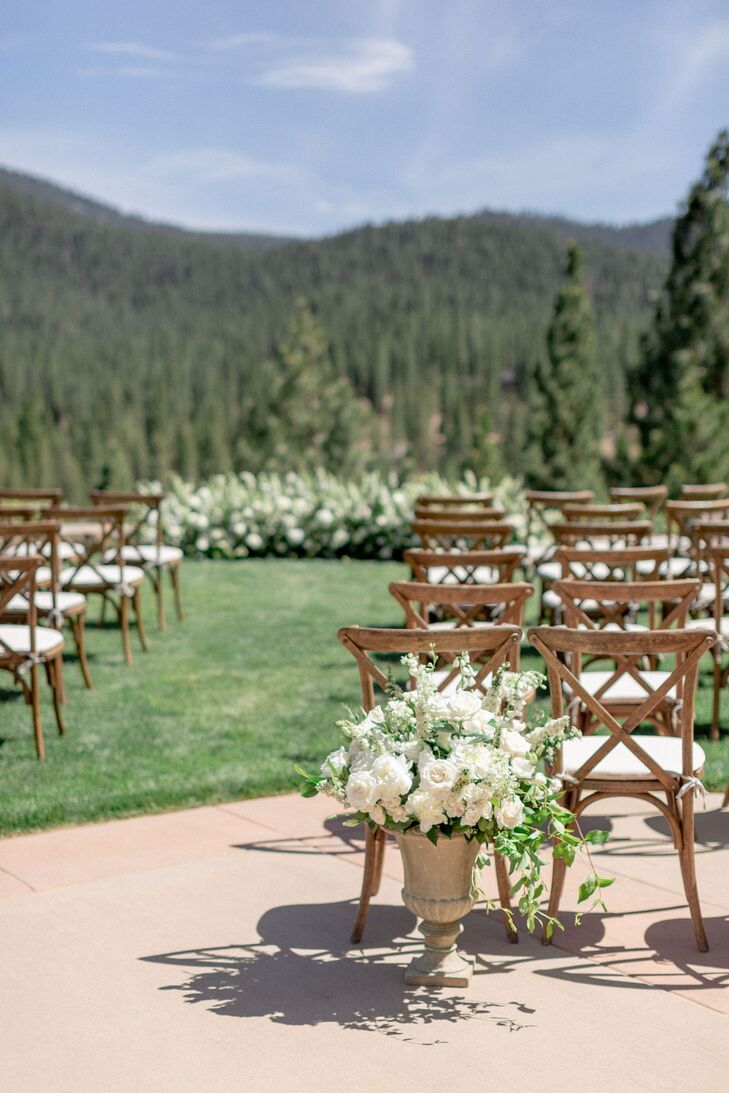 Mountainview Wedding Ceremony With Wood Cross-Back Chairs