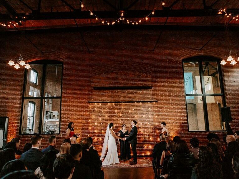 wedding officiant ceremony with twinkle lights