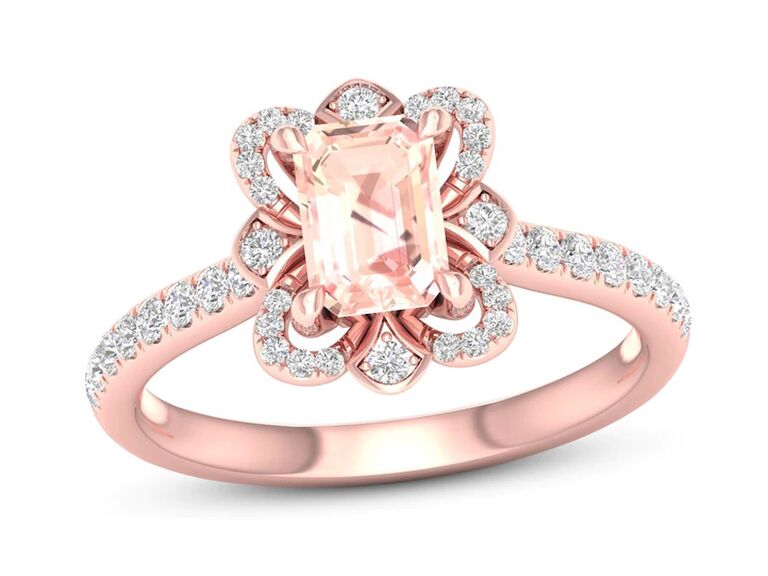 jared rose gold engagement ring with emerald cut morganite center stone claw prongs floral round diamond halo and round diamond rose gold band