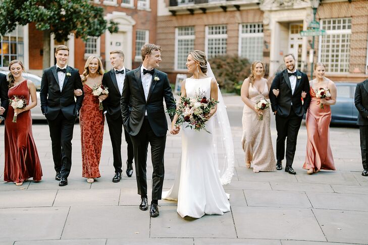 Bride and Groom Walking With Bridesmaids and Groomsmen, Elegant and Classic
