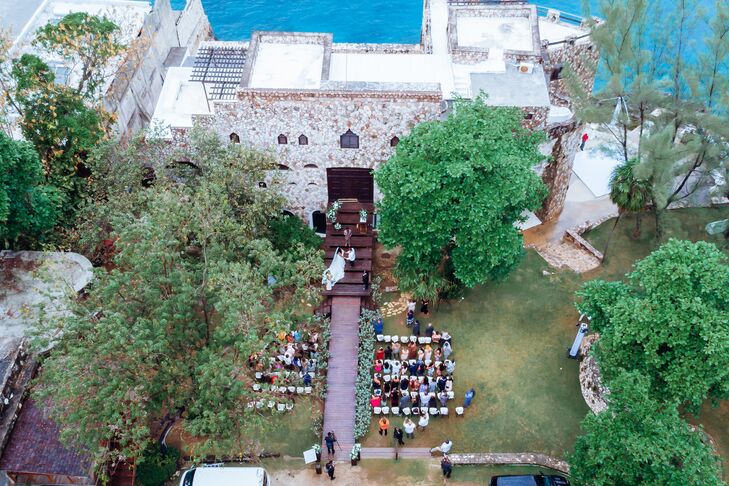 Drone Shot, Waterfront Castle Wedding Ceremony, Pattoo Castle in Jamaica, Tropical Destination Fantasy Wedding, Bride and Groom at Altar