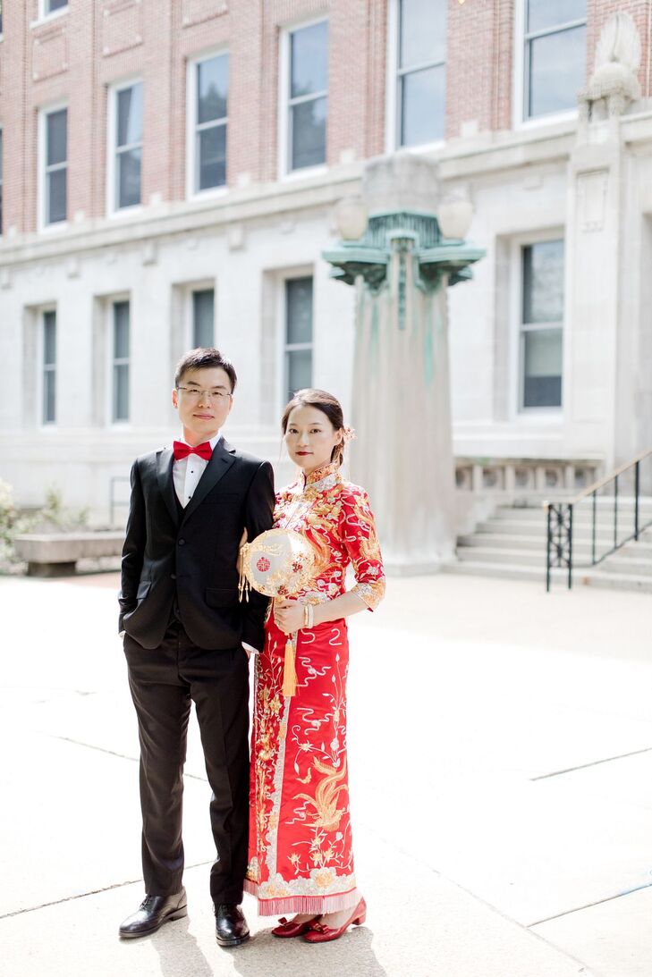 Couple in Red Attire for Wedding at the University of Illinois