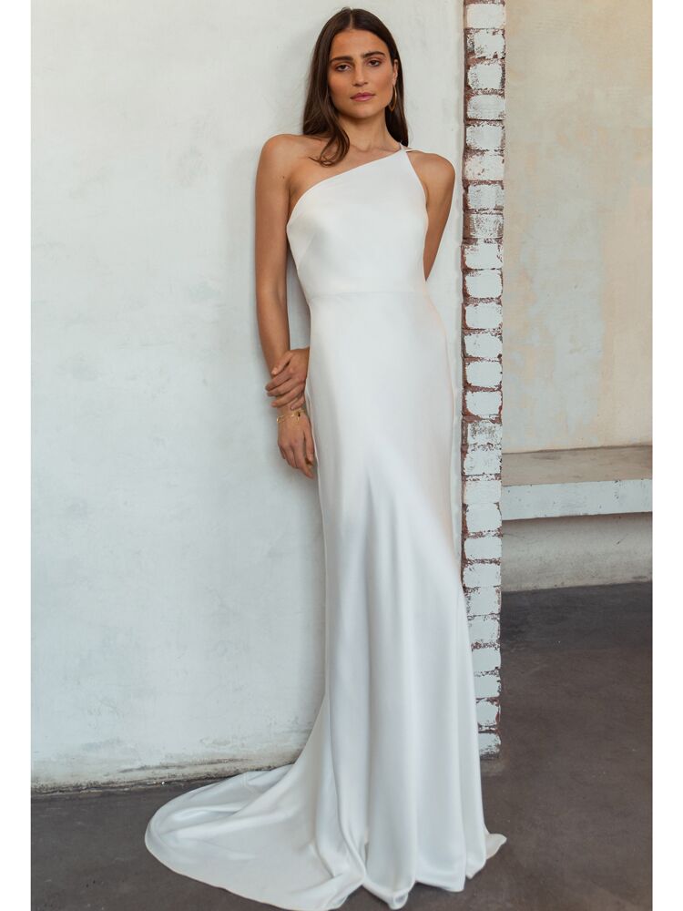 Jenny Yoo Little White Dress one-shoulder satin sheath dress