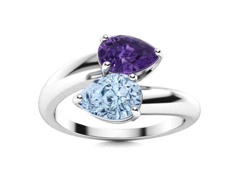 diamondere amethyst engagement ring with amethyst and aquamarine stones claw prongs and plain white gold band