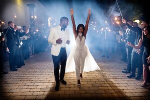 Sparkler Exit in a Beaded Jumpsuit with Removable Skirt