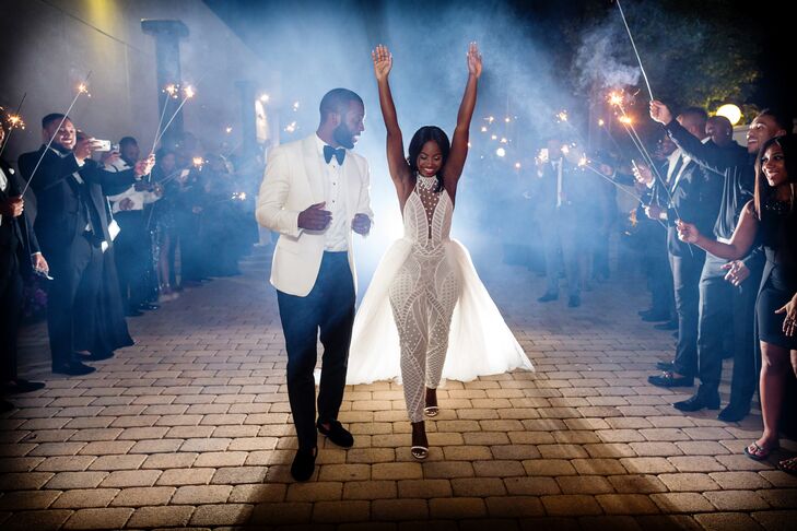 Sparkler Exit in a Beaded Jumpsuit with Removable Skirt