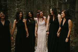 Bohemian Bride with Bridesmaids in Black Dresses
