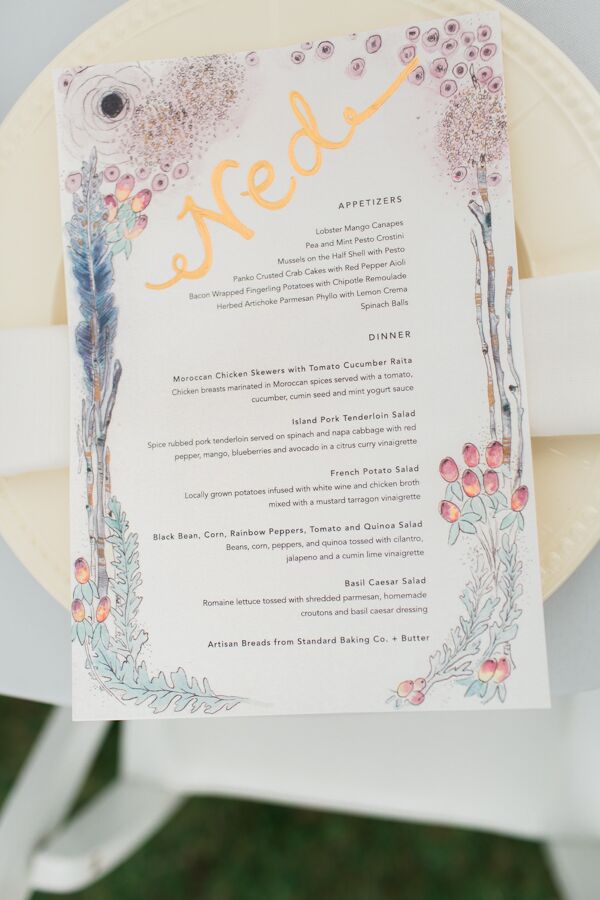 The menu cards echoed the natural setting and featured watercolor florals in soft pastel hues. In lieu of traditional place cards, menus were hand-lettered in gold ink with the name of each guest.