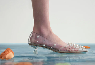 clear kitten heel adorned with pearls