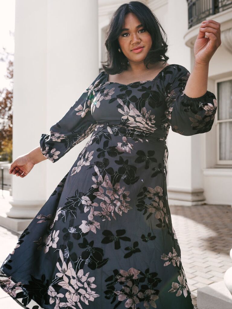 Ivy City Co. black velvet floral cocktail dress for wedding guest