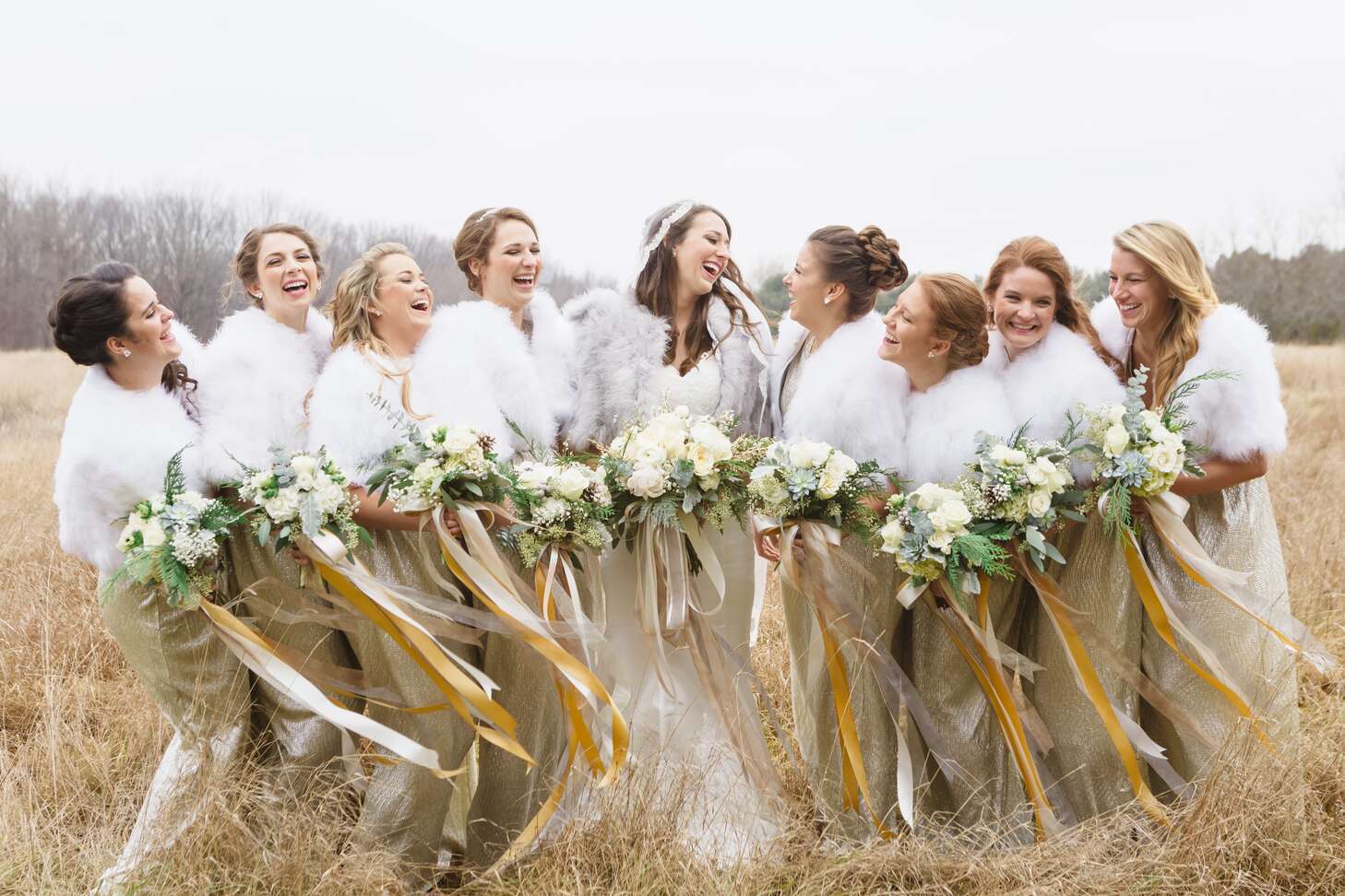 Beaming Bridesmaids in Gold Goddess Gowns