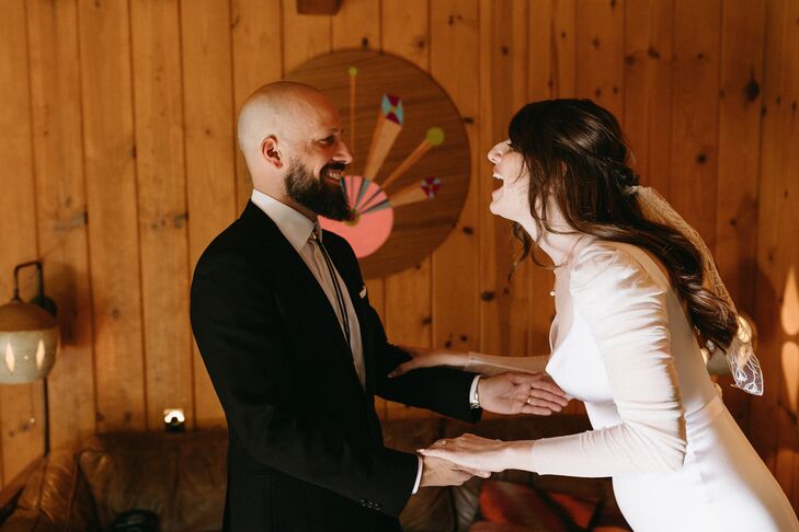 Groom and Bride at Casual Motel Wedding Getting Ready Together, Holding Hands