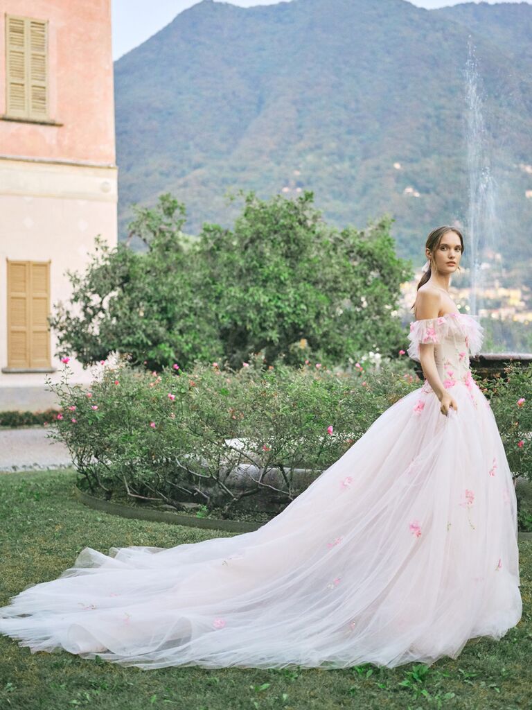 monique lhuillier off-the-shoulder floral ballgown