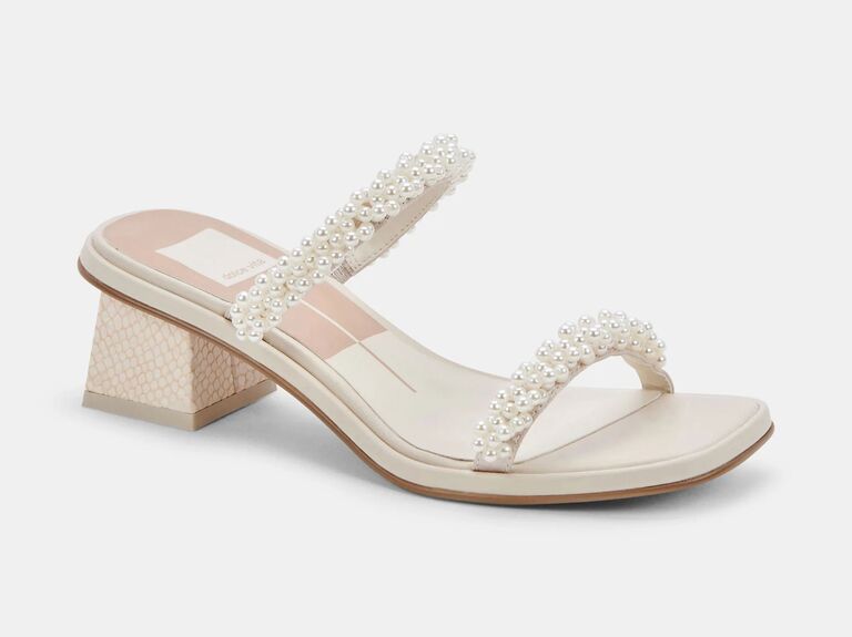 Dolce Vita pearl bridal heels with pearl-embellished straps and low heel