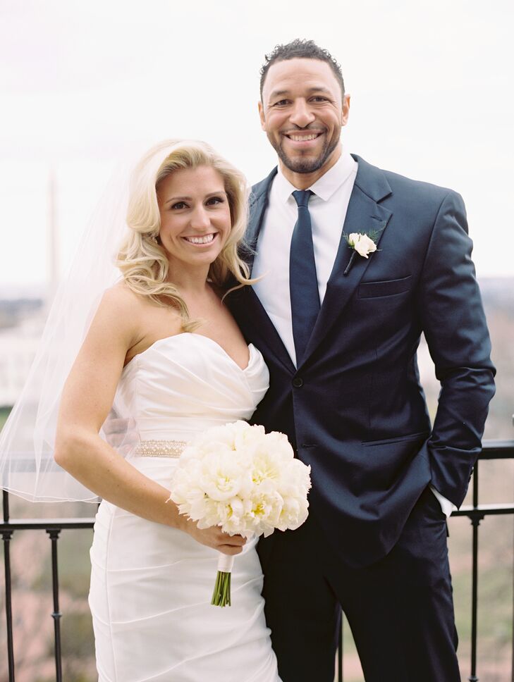 Lauren wore a contemporary satin dress with a ruched sweetheart neckline.