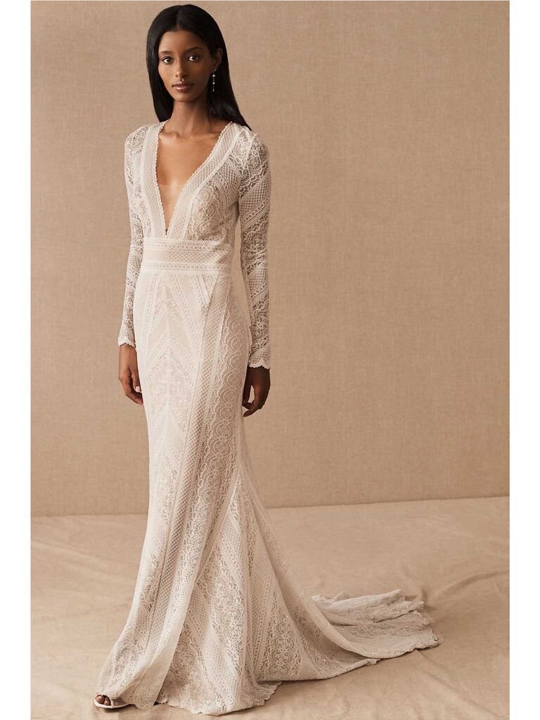 Long sleeve plunging V-neck lace wedding dress