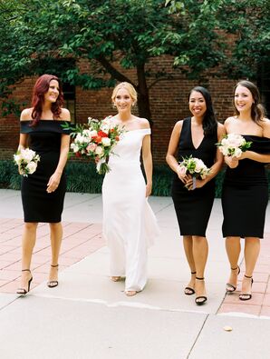 Elegant Bride and Modern Bridesmaids with Short Black Dresses