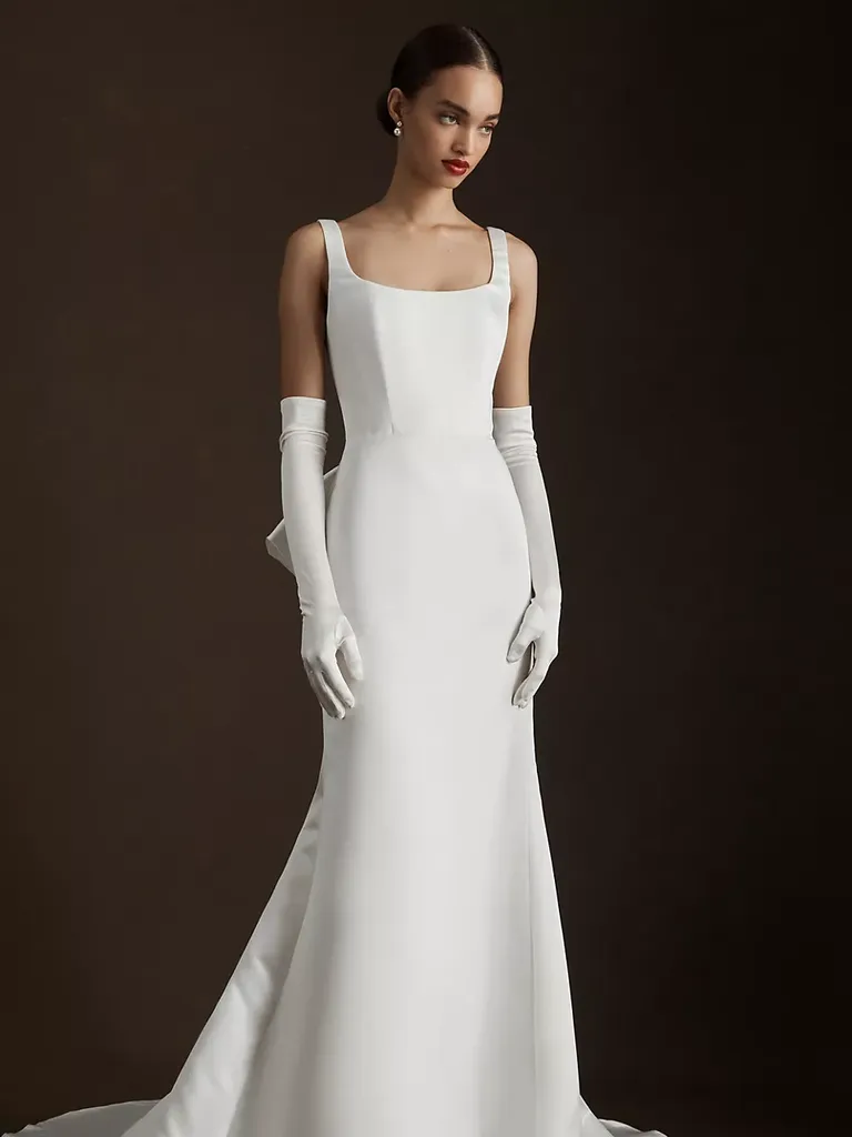 fit and flare dress with square neckline and gloves