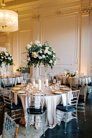 Classic Elegant Reception Table, Gray Linen, Ghost Chairs, Candles and White Centerpieces